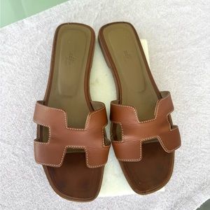 Brown Leather Slide Sandals